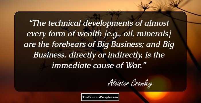 The technical developments of almost every form of wealth [e.g., oil, minerals] are the forebears of Big Business; and Big Business, directly or indirectly, is the immediate cause of War.