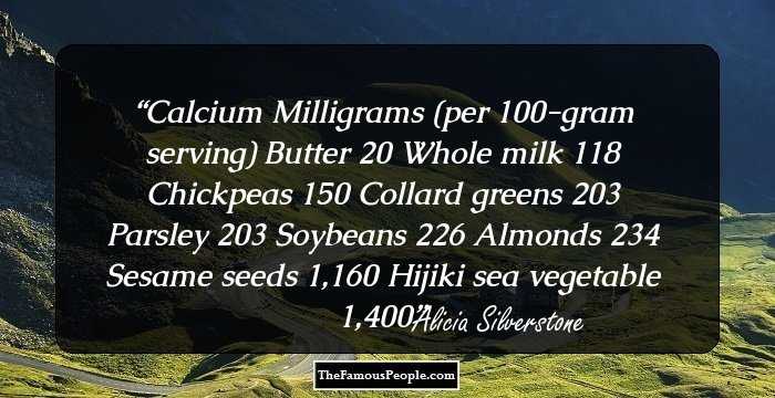 Calcium Milligrams (per 100-gram serving) Butter 20 Whole milk 118 Chickpeas 150 Collard greens 203 Parsley 203 Soybeans 226 Almonds 234 Sesame seeds 1,160 Hijiki sea vegetable 1,400