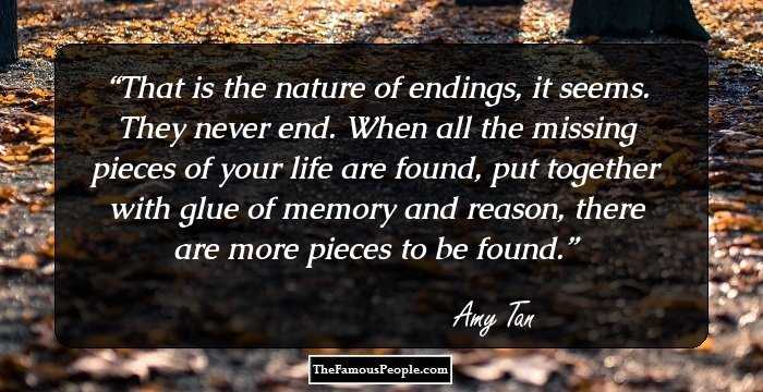 That is the nature of endings, it seems. They never end. When all the missing pieces of your life are found, put together with glue of memory and reason, there are more pieces to be found.