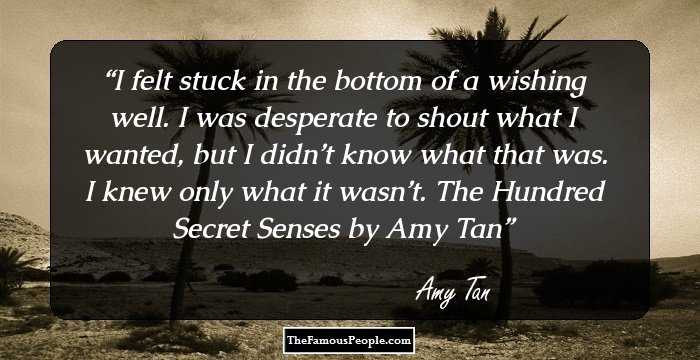 I felt stuck in the bottom of a wishing well. I was desperate to shout what I wanted, but I didn’t know what that was. I knew only what it wasn’t.
The Hundred Secret Senses by Amy Tan