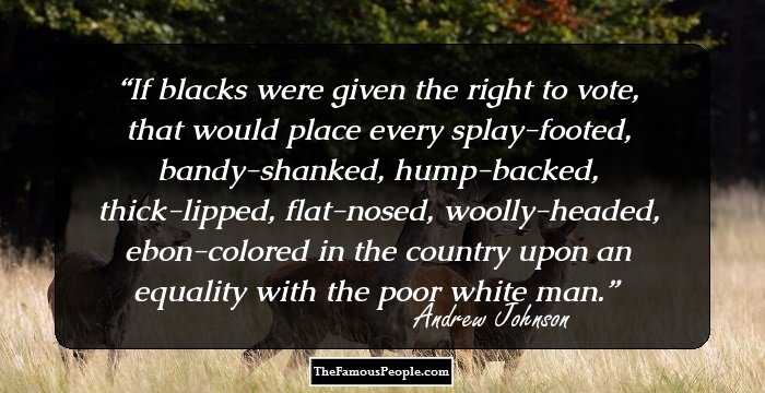 If blacks were given the right to vote, that would place every splay-footed, bandy-shanked, hump-backed, thick-lipped, flat-nosed, woolly-headed, ebon-colored in the country upon an equality with the poor white man.