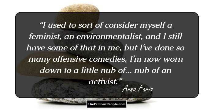 I used to sort of consider myself a feminist, an environmentalist, and I still have some of that in me, but I've done so many offensive comedies, I'm now worn down to a little nub of... nub of an activist.