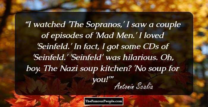 I watched 'The Sopranos,' I saw a couple of episodes of 'Mad Men.' I loved 'Seinfeld.' In fact, I got some CDs of 'Seinfeld.' 'Seinfeld' was hilarious. Oh, boy. The Nazi soup kitchen? 'No soup for you!'