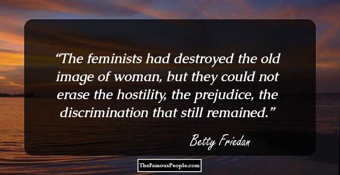 The feminists had destroyed the old image of woman, but they could not erase the hostility, the prejudice, the discrimination that still remained.