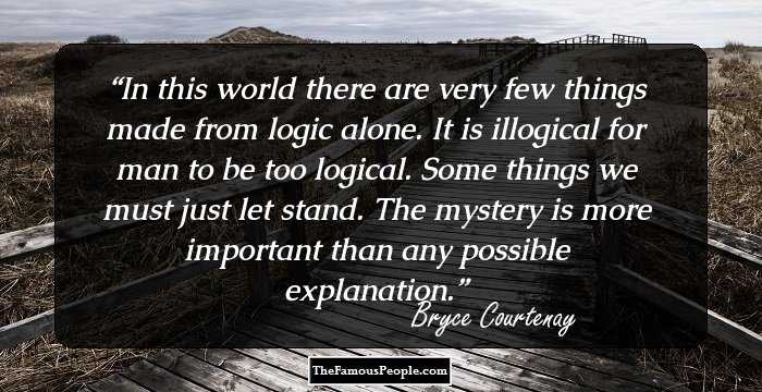 In this world there are very few things made from logic alone. It is illogical for man to be too logical. Some things we must just let stand. The mystery is more important than any possible explanation.
