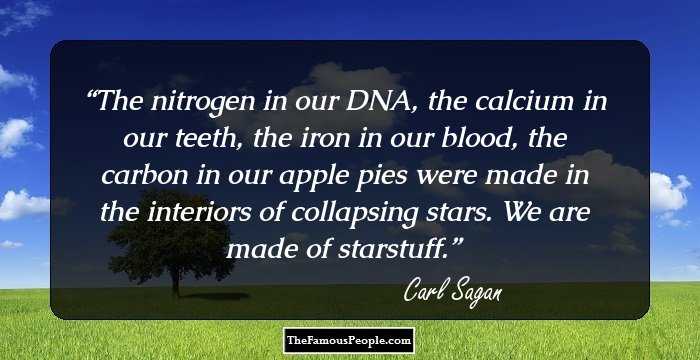 The nitrogen in our DNA, the calcium in our teeth, the iron in our blood, the carbon in our apple pies were made in the interiors of collapsing stars. We are made of starstuff.