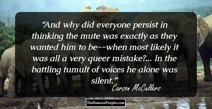 And why did everyone persist in thinking the mute was exactly as they wanted him to be--when most likely it was all a very queer mistake?... In the battling tumult of voices he alone was silent.