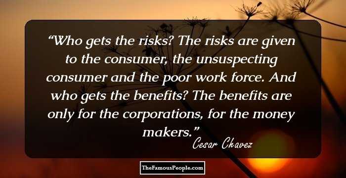 Who gets the risks? The risks are given to the consumer, the unsuspecting consumer and the poor work force. And who gets the benefits? The benefits are only for the corporations, for the money makers.