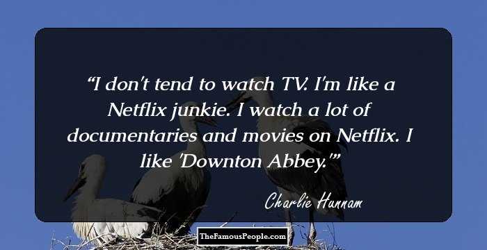 I don't tend to watch TV. I'm like a Netflix junkie. I watch a lot of documentaries and movies on Netflix. I like 'Downton Abbey.'