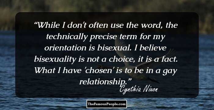 While I don't often use the word, the technically precise term for my orientation is bisexual. I believe bisexuality is not a choice, it is a fact. What I have 'chosen' is to be in a gay relationship.