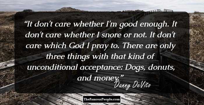 It don't care whether I'm good enough. It don't care whether I snore or not. It don't care which God I pray to. There are only three things with that kind of unconditional acceptance: Dogs, donuts, and money.