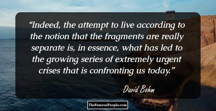 Indeed, the attempt to live according to the notion that the fragments are really separate is, in essence, what has led to the growing series of extremely urgent crises that is confronting us today.