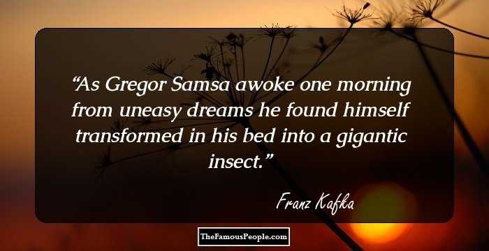 As Gregor Samsa awoke one morning from uneasy dreams he found himself transformed in his bed into a gigantic insect.