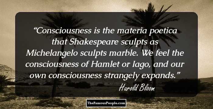 Consciousness is the materia poetica that Shakespeare sculpts as Michelangelo sculpts marble. We feel the consciousness of Hamlet or Iago, and our own consciousness strangely expands.