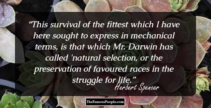 This survival of the fittest which I have here sought to express in mechanical terms, is that which Mr. Darwin has called 'natural selection, or the preservation of favoured races in the struggle for life.