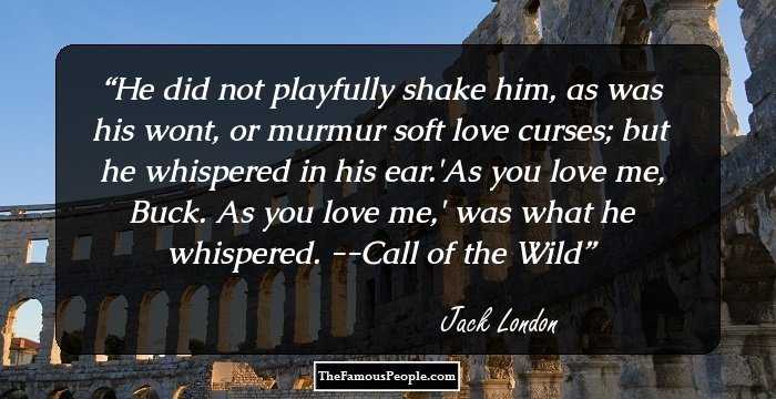 He did not playfully shake him, as was his wont, or murmur soft love curses; but he whispered in his ear.'As you love me, Buck. As you love me,' was what he whispered.
--Call of the Wild