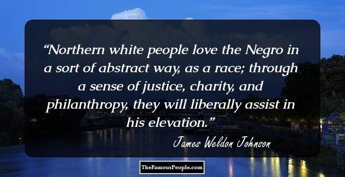 Northern white people love the Negro in a sort of abstract way, as a race; through a sense of justice, charity, and philanthropy, they will liberally assist in his elevation.