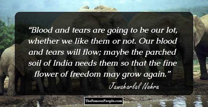 Blood and tears are going to be our lot, whether we like them or not. Our blood and tears will flow; maybe the parched soil of India needs them so that the fine flower of freedom may grow again.