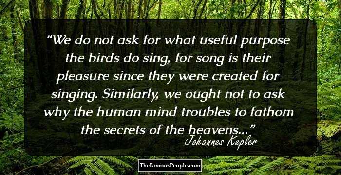 We do not ask for what useful purpose the birds do sing, for song is their pleasure since they were created for singing. Similarly, we ought not to ask why the human mind troubles to fathom the secrets of the heavens...