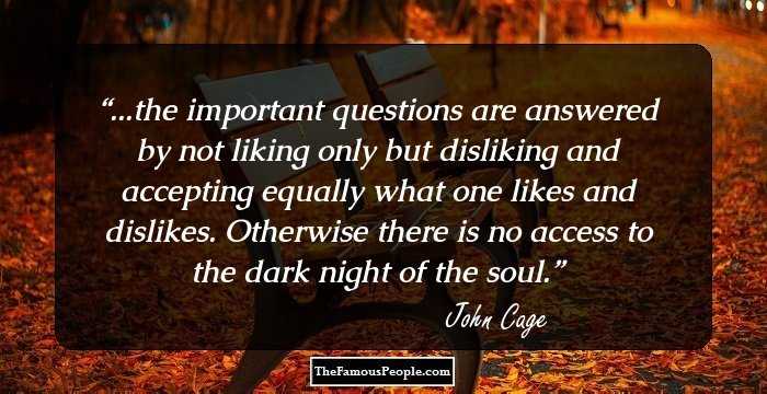 ...the important questions are answered by not liking only but disliking and accepting equally what one likes and dislikes. Otherwise there is no access to the dark night of the soul.