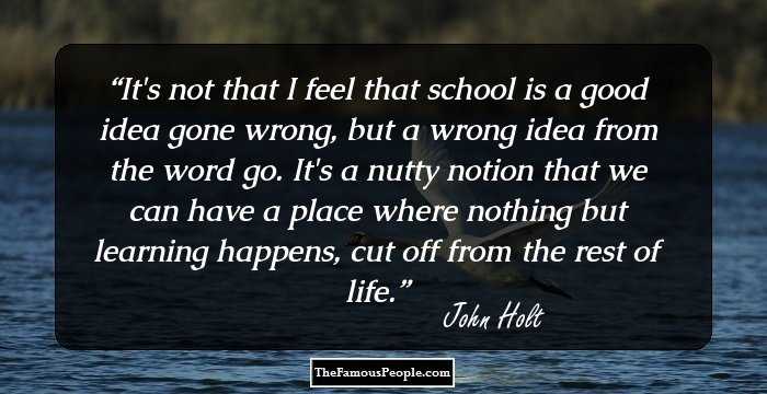 It's not that I feel that school is a good idea gone wrong, but a wrong idea from the word go. It's a nutty notion that we can have a place where nothing but learning happens, cut off from the rest of life.