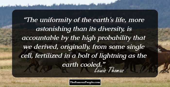 The uniformity of the earth's life, more astonishing than its diversity, is accountable by the high probability that we derived, originally, from some single cell, fertilized in a bolt of lightning as the earth cooled.