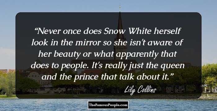 Never once does Snow White herself look in the mirror so she isn't aware of her beauty or what apparently that does to people. It's really just the queen and the prince that talk about it.