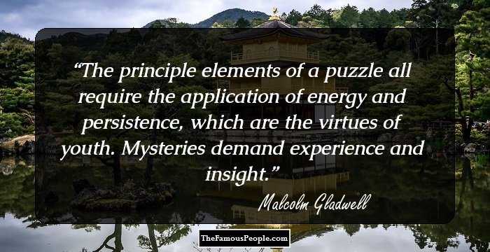The principle elements of a puzzle all require the application of energy and persistence, which are the virtues of youth. Mysteries demand experience and insight.