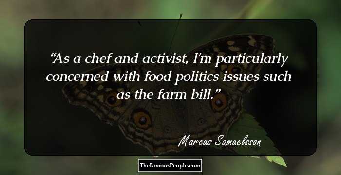As a chef and activist, I'm particularly concerned with food politics issues such as the farm bill.
