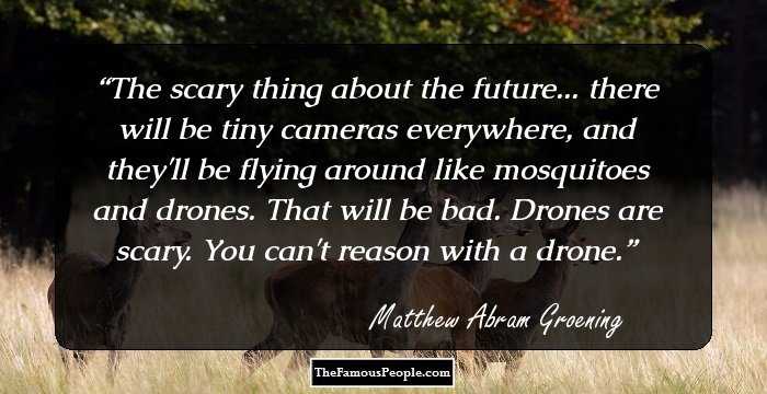 The scary thing about the future... there will be tiny cameras everywhere, and they'll be flying around like mosquitoes and drones. That will be bad. Drones are scary. You can't reason with a drone.