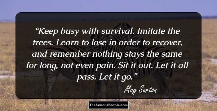 Keep busy with survival. Imitate the trees. Learn to lose in order to recover, and remember nothing stays the same for long, not even pain. Sit it out. Let it all pass. Let it go.