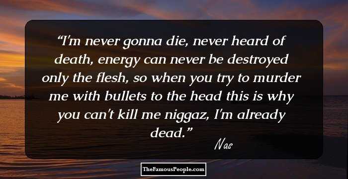 I'm never gonna die, never heard of death, energy can never be destroyed only the flesh, so when you try to murder me with bullets to the head this is why you can't kill me niggaz, I'm already dead.