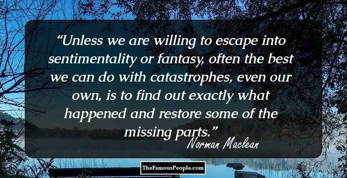 Unless we are willing to escape into sentimentality or fantasy, often the best we can do with catastrophes, even our own, is to find out exactly what happened and restore some of the missing parts.