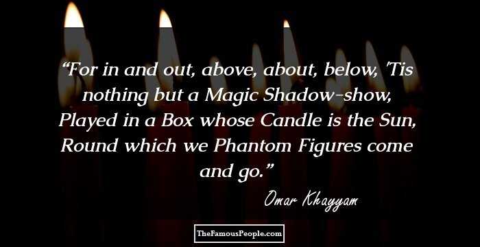 For in and out, above, about, below, 'Tis nothing but a Magic Shadow-show, Played in a Box whose Candle is the Sun, Round which we Phantom Figures come and go.