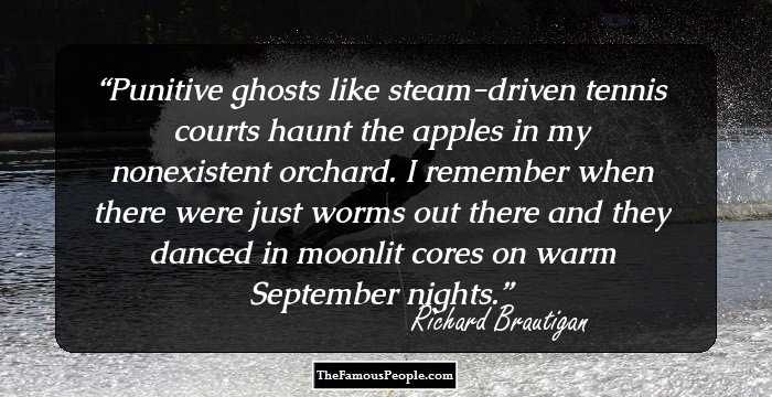 Punitive ghosts like steam-driven tennis courts
haunt the apples in my nonexistent orchard.
I remember when there were just worms out there
and they danced in moonlit cores on warm September
nights.