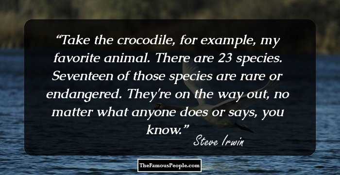 Take the crocodile, for example, my favorite animal. There are 23 species. Seventeen of those species are rare or endangered. They're on the way out, no matter what anyone does or says, you know.