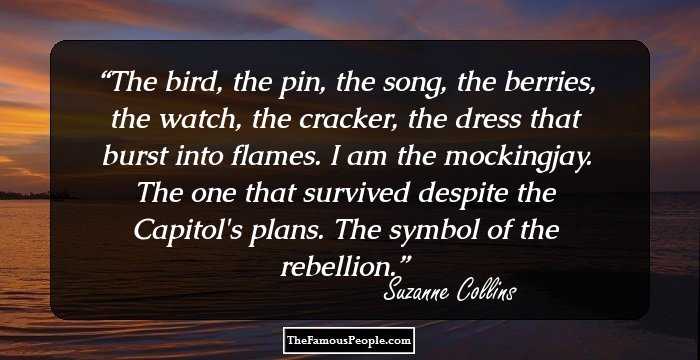 The bird, the pin, the song, the berries, the watch, the cracker, the dress that burst into flames. I am the mockingjay. The one that survived despite the Capitol's plans. The symbol of the rebellion.