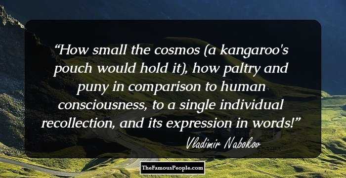 How small the cosmos (a kangaroo's pouch would hold it), how paltry and puny in comparison to human consciousness, to a single individual recollection, and its expression in words!