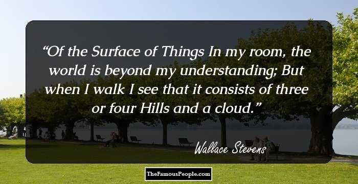 Of the Surface of Things

In my room, the world is beyond my understanding;
But when I walk I see that it consists of three or four
Hills and a cloud.