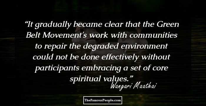 It gradually became clear that the Green Belt Movement's work with communities to repair the degraded environment could not be done effectively without participants embracing a set of core spiritual values.