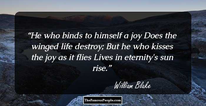 He who binds to himself a joy
Does the winged life destroy;
But he who kisses the joy as it flies
Lives in eternity's sun rise.