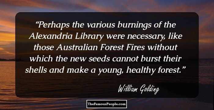 Perhaps the various burnings of the Alexandria Library were necessary, like those Australian Forest Fires without which the new seeds cannot burst their shells and make a young, healthy forest.